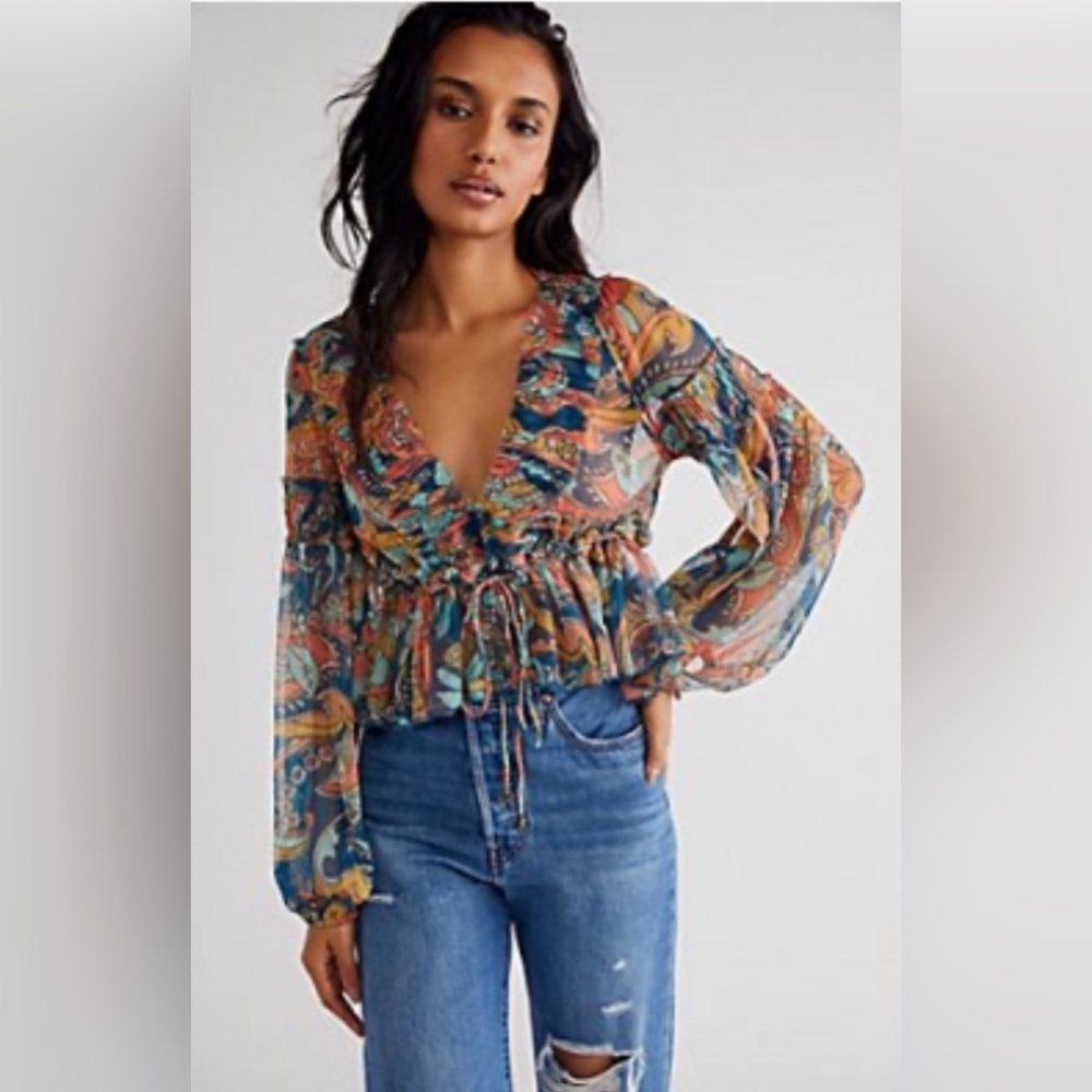 Free People Cassiopeia Long Sleeve Ruffle Top in Sapphire Combo